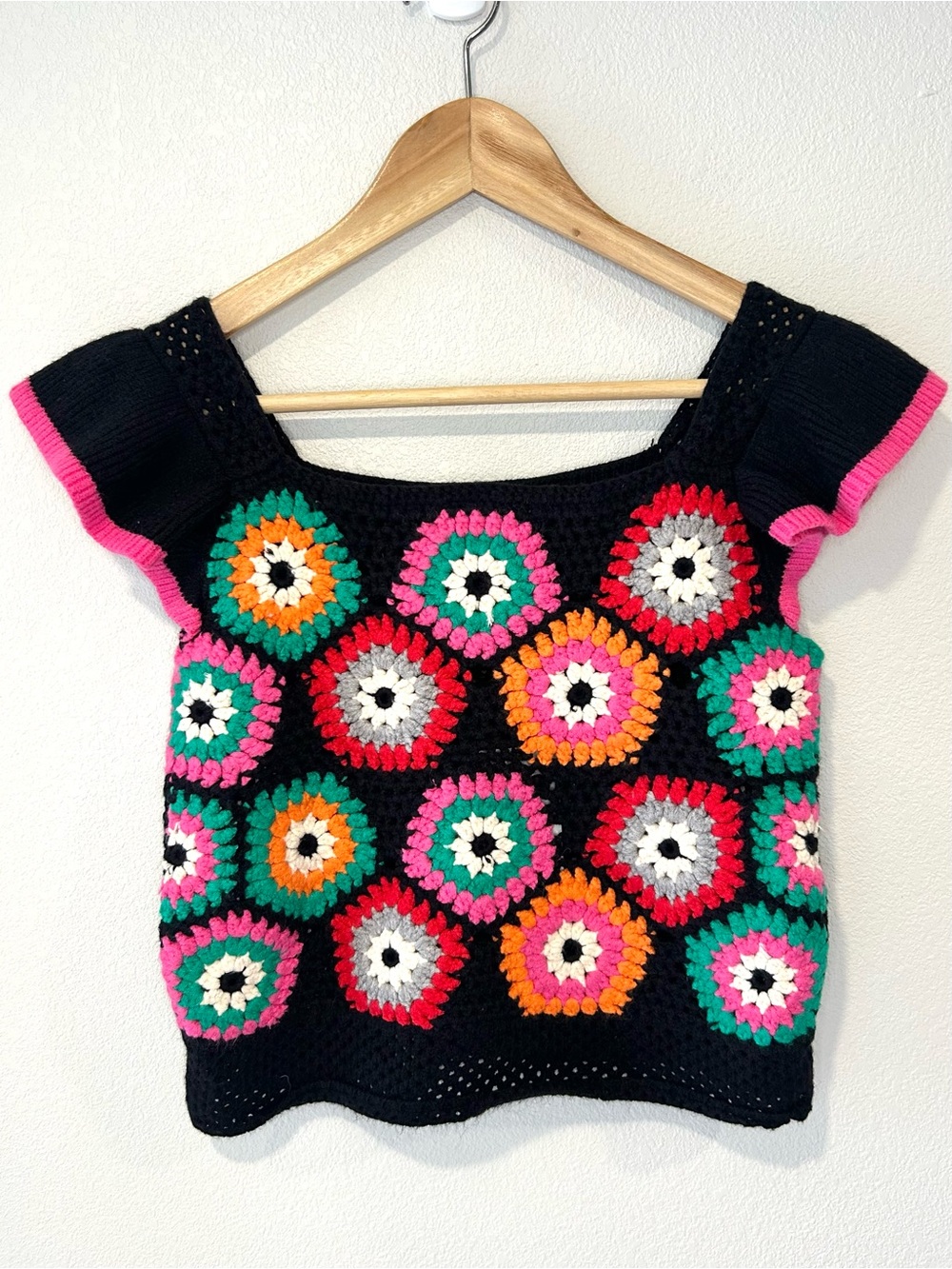 THML NWT Crochet Granny Square Crop Top Boho Festival Y2K Dopamine Hippie XS